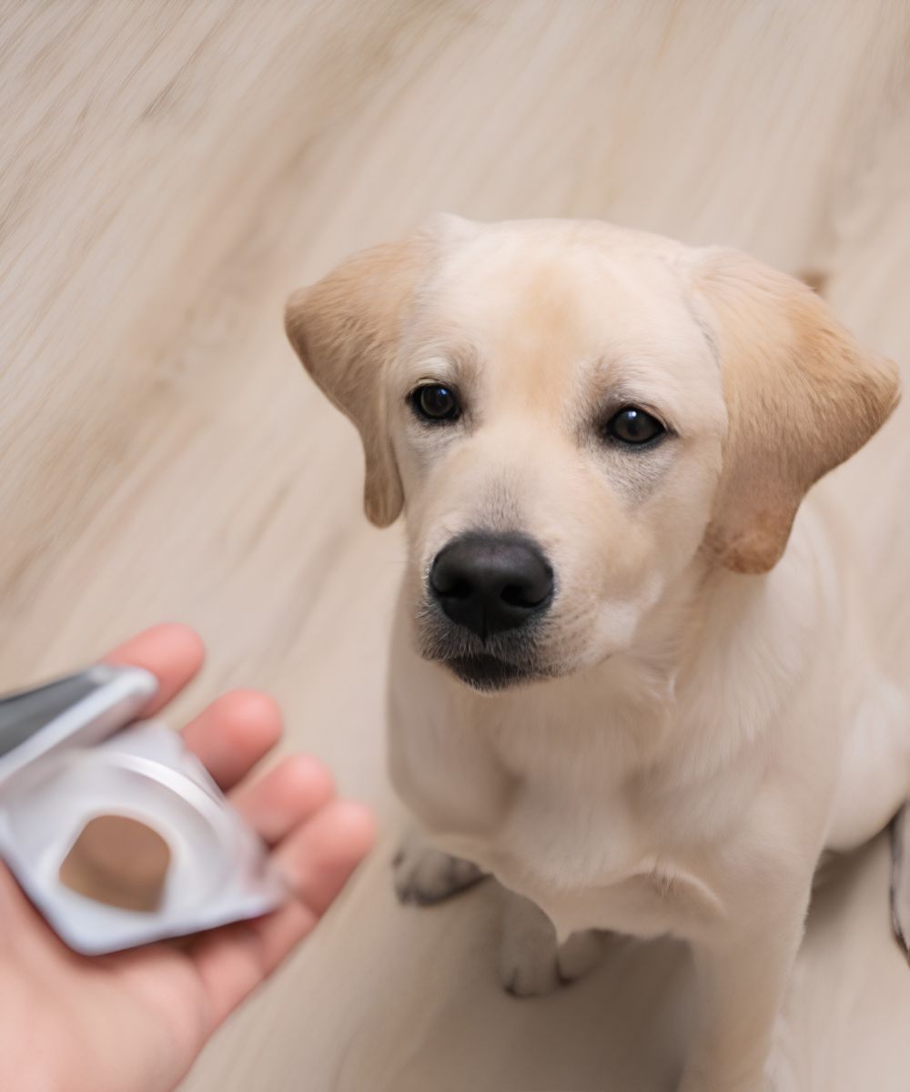 a dog looking at a brown object